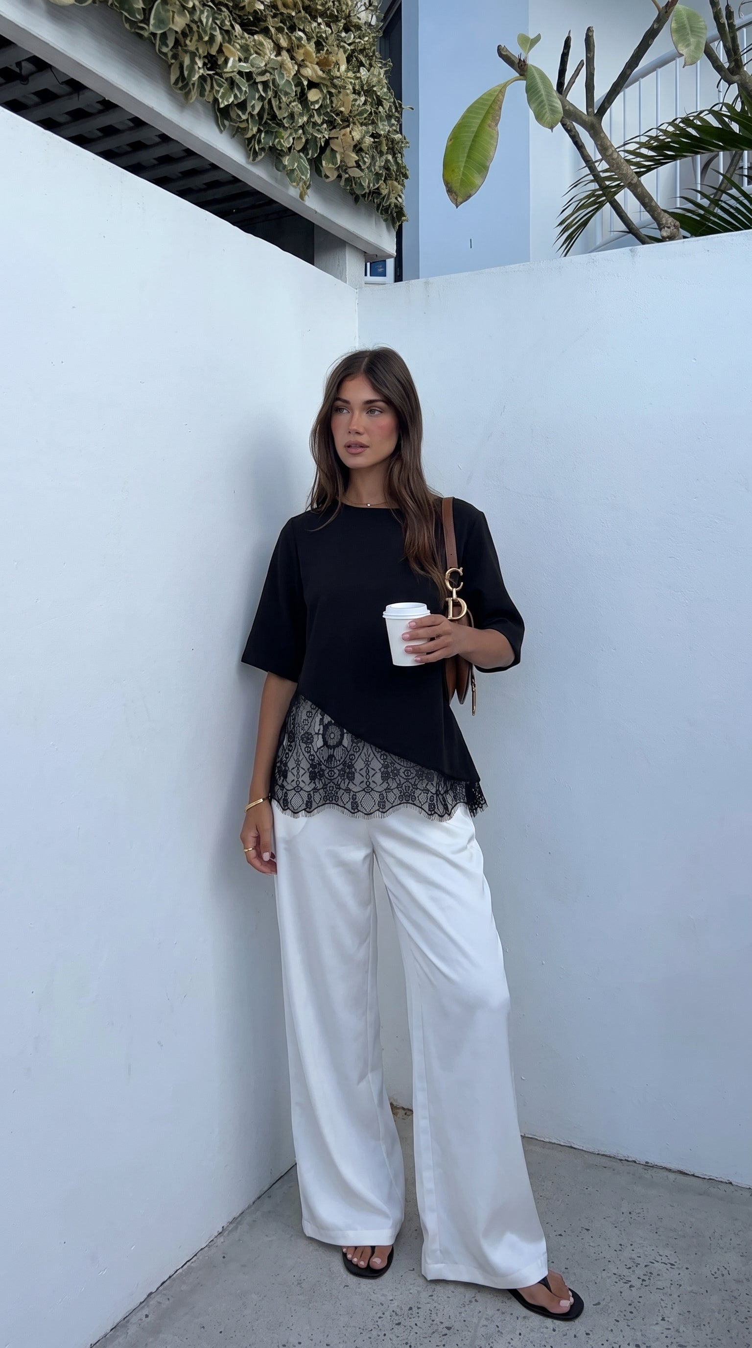 Women's oversized lace hem crop top