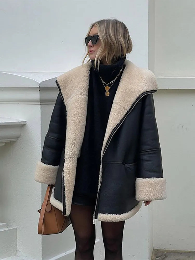 Women's oversized leather coat with zip front