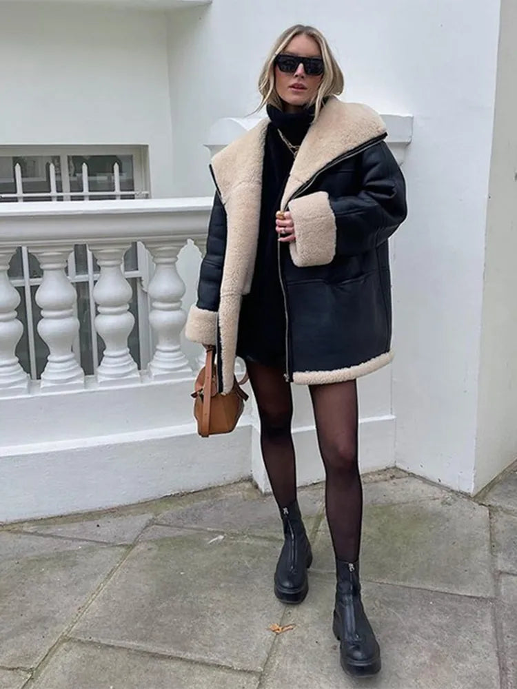 Women's oversized leather coat with zip front