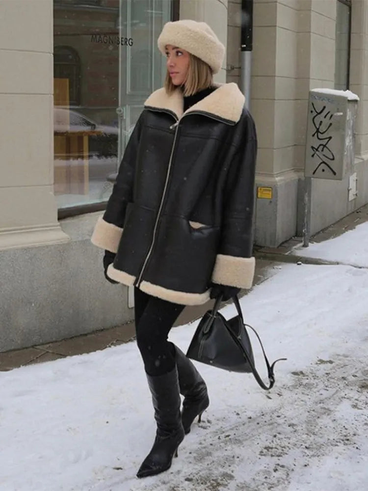 Women's oversized leather coat with zip front