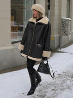 Women's oversized leather coat with zip front