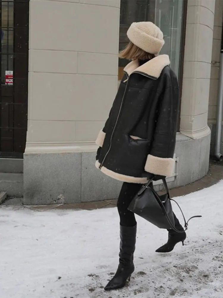 Women's oversized leather coat with zip front