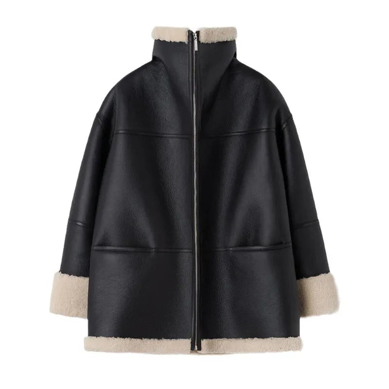 Women's oversized leather coat with zip front