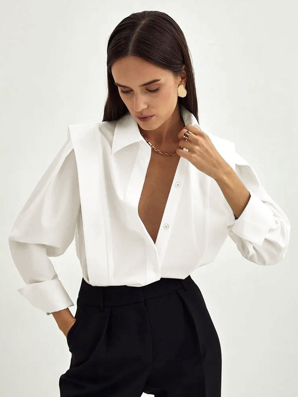 Women's oversized square collar button-down office blouse