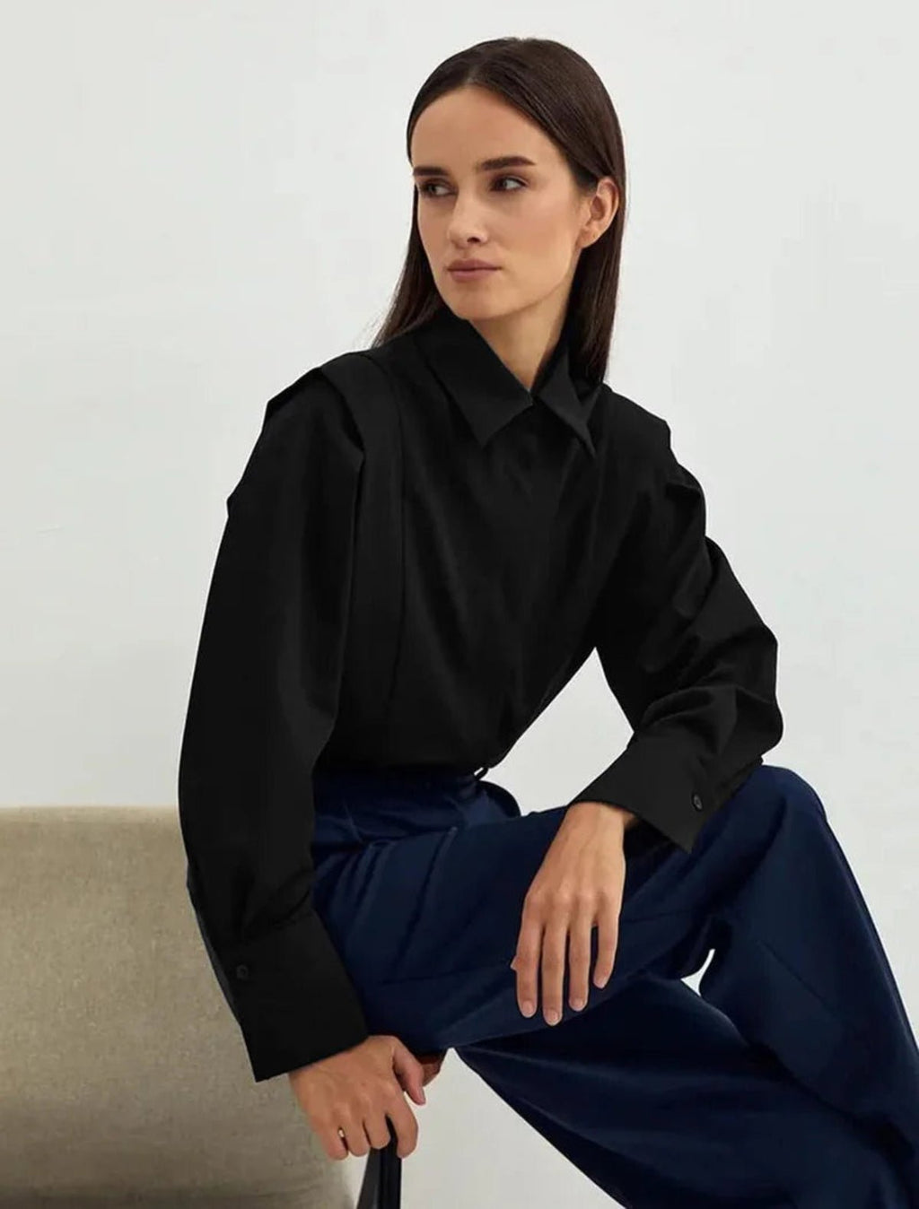 Women's oversized square collar button-down office blouse