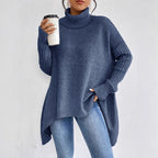 Women's oversized turtleneck sweater with asymmetric hem and batwing sleeves