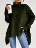 Women's oversized turtleneck sweater with asymmetric hem and batwing sleeves