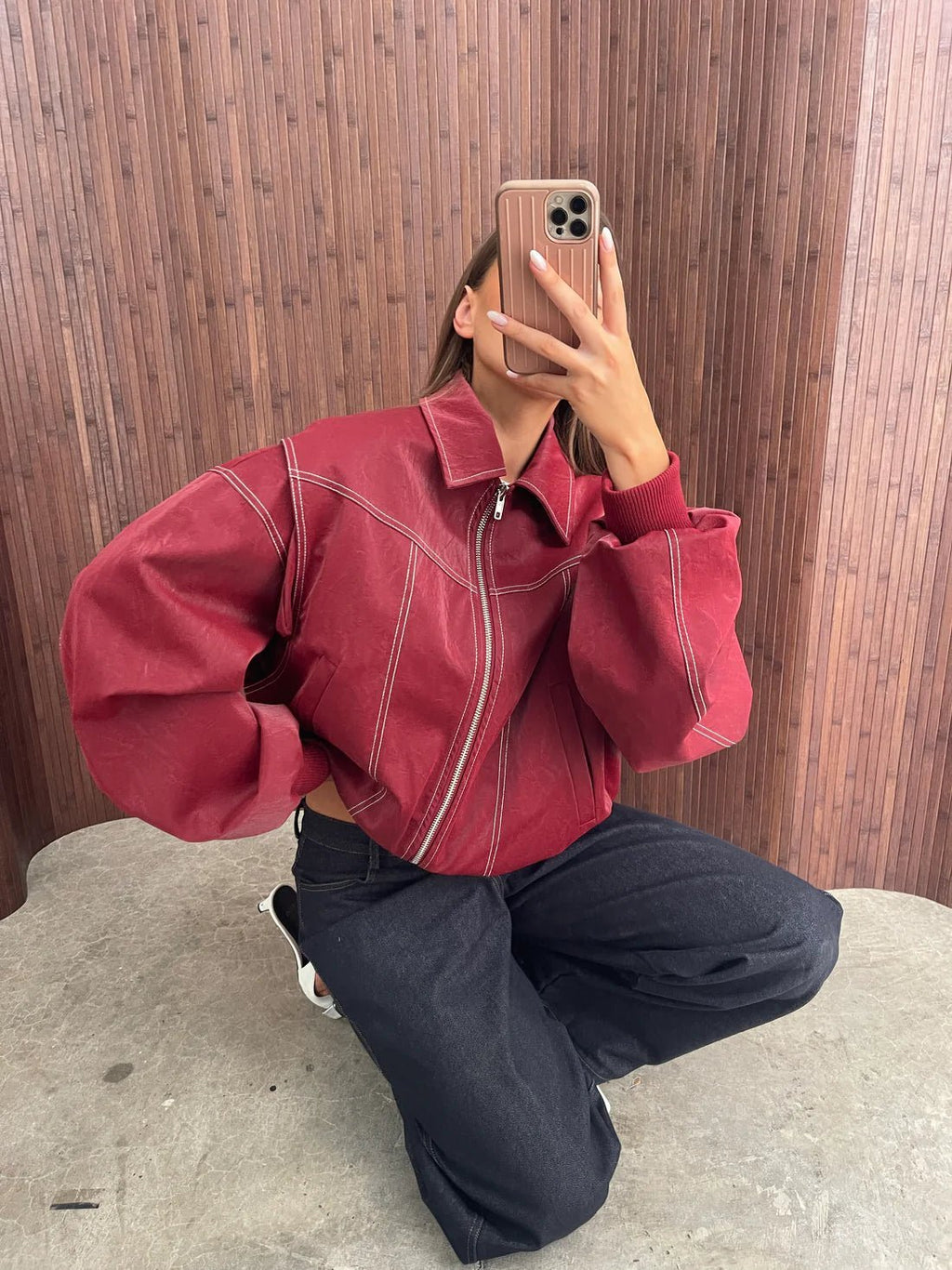 Women's oversized zip-up bomber jacket with contrast stitching