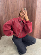 Women's oversized zip-up bomber jacket with contrast stitching
