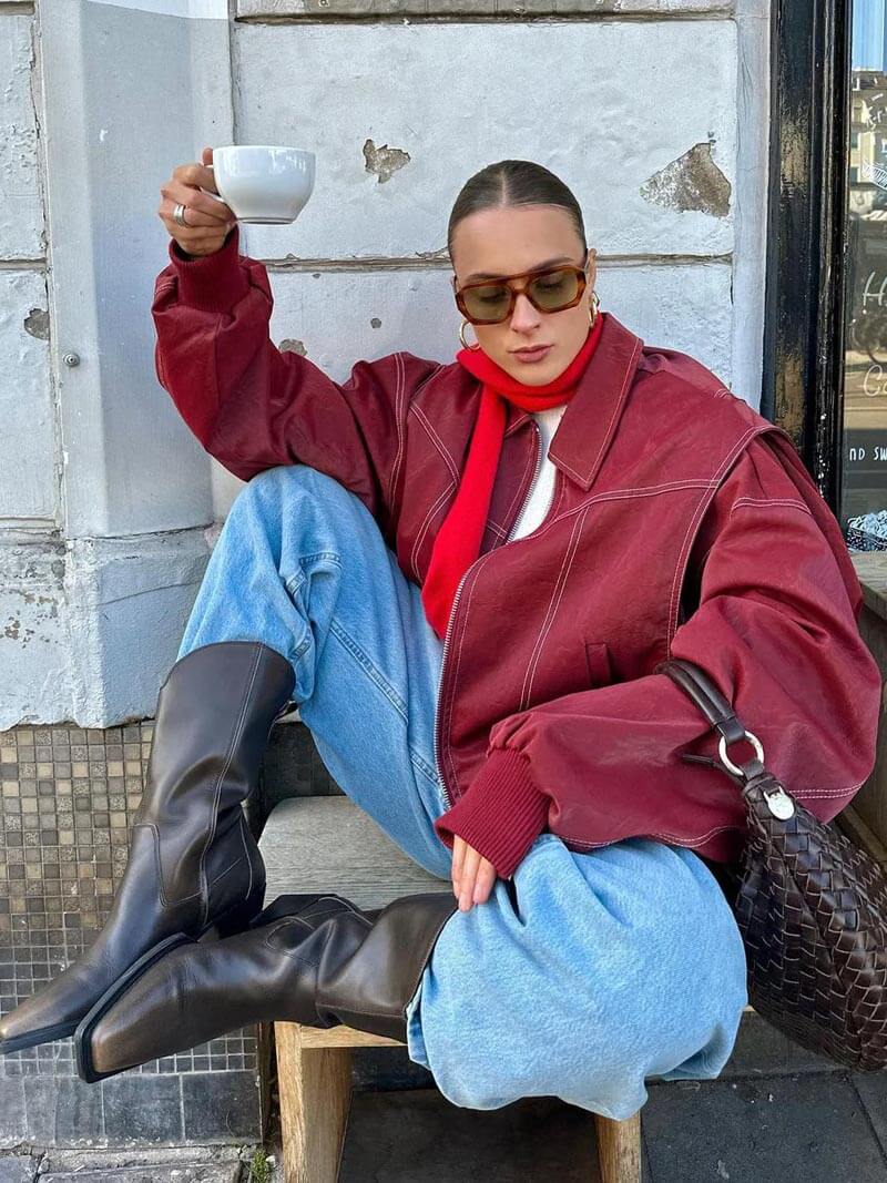 Women's oversized zip-up bomber jacket with contrast stitching