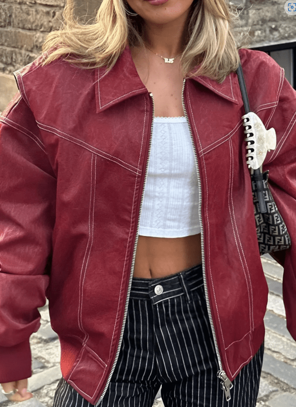 Women's oversized zip-up bomber jacket with contrast stitching
