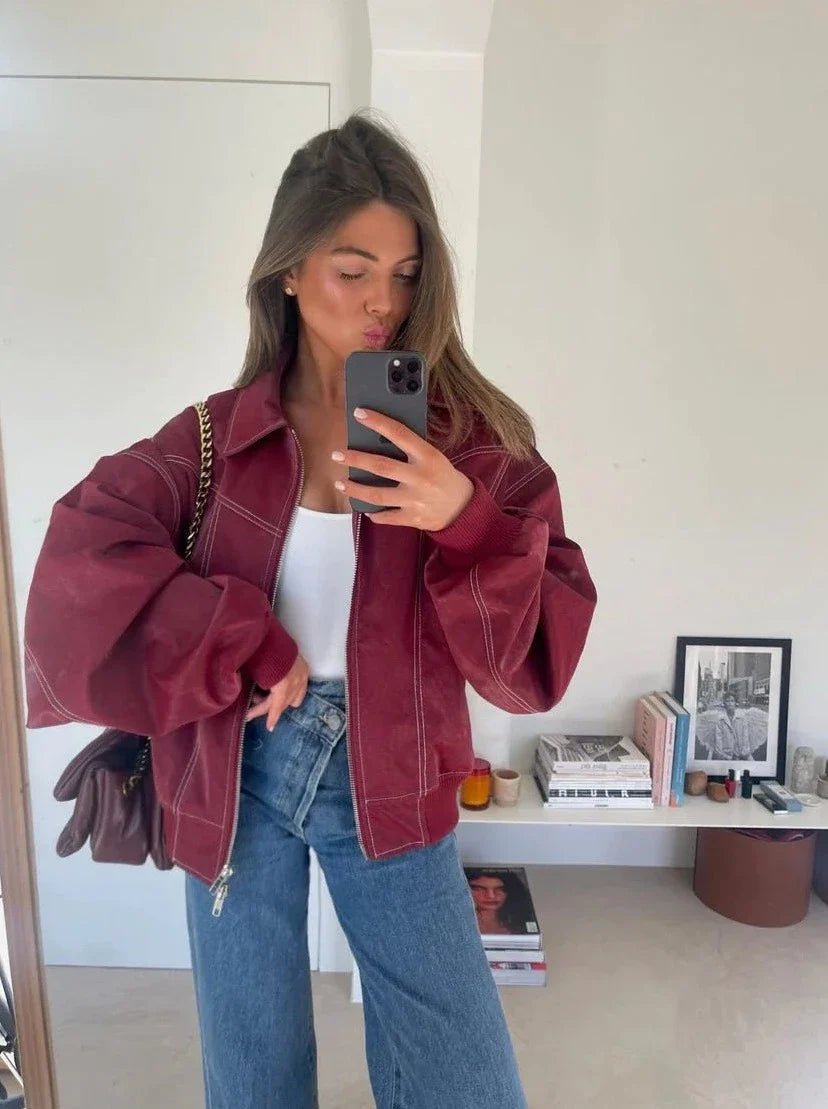 Women's oversized zip-up bomber jacket with contrast stitching