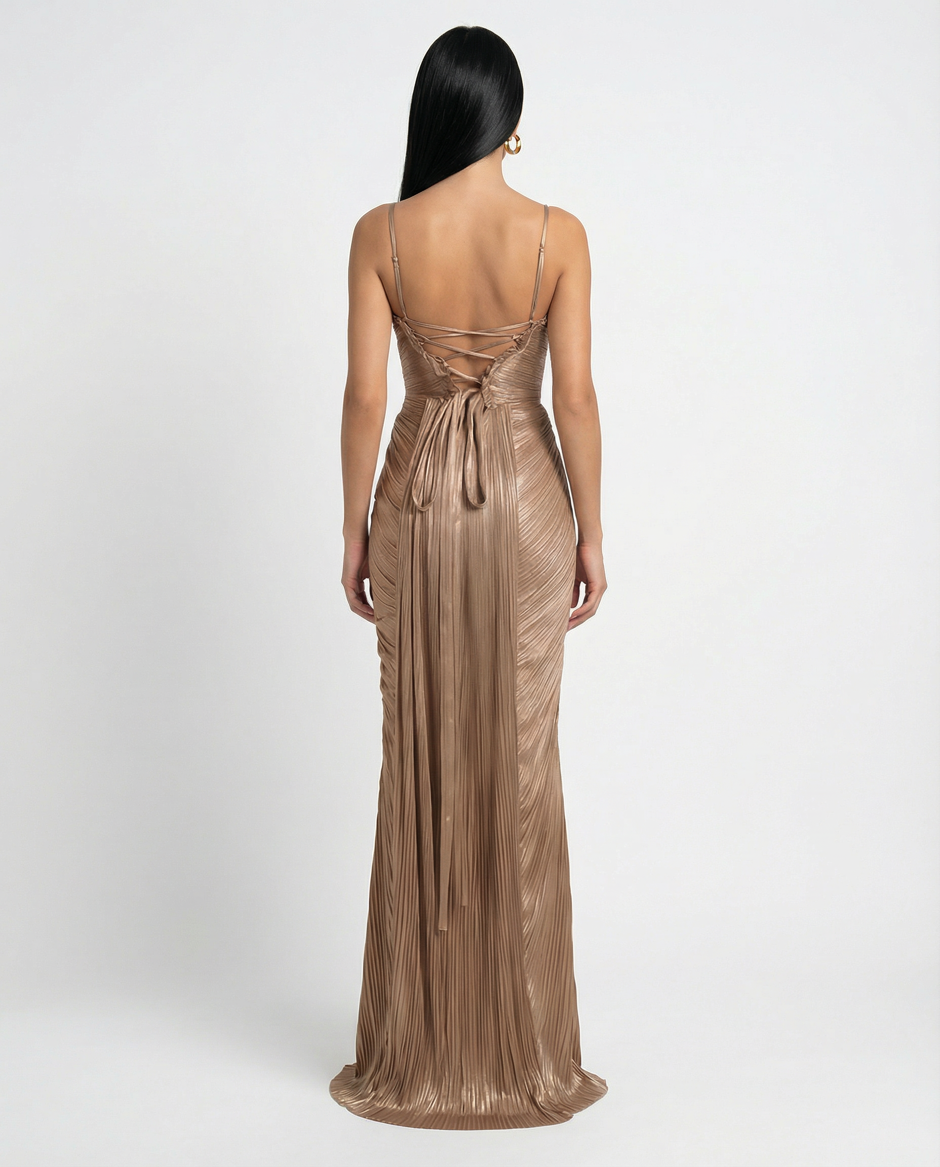Women's pleated corset maxi dress with glossy finish