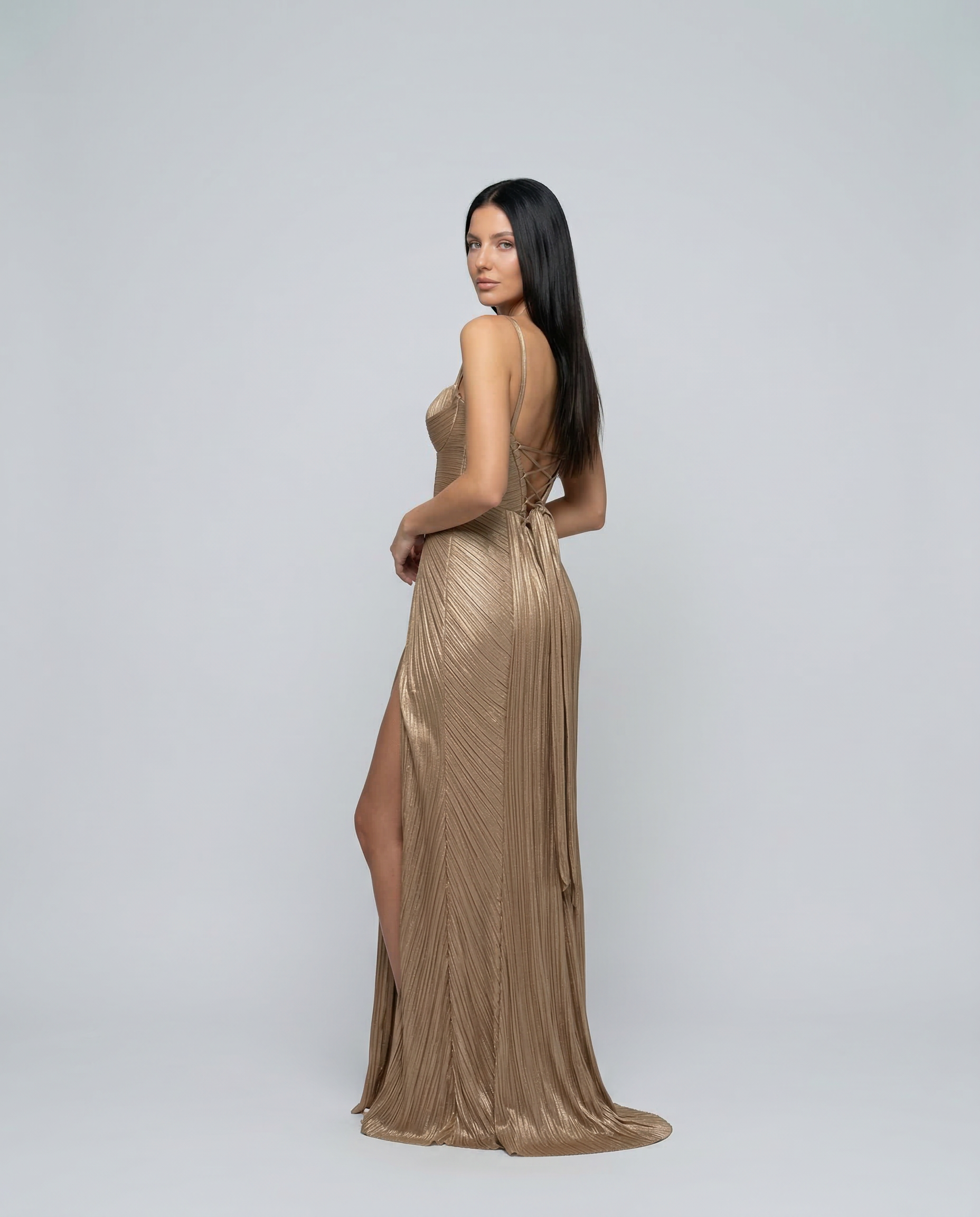 Women's pleated corset maxi dress with glossy finish