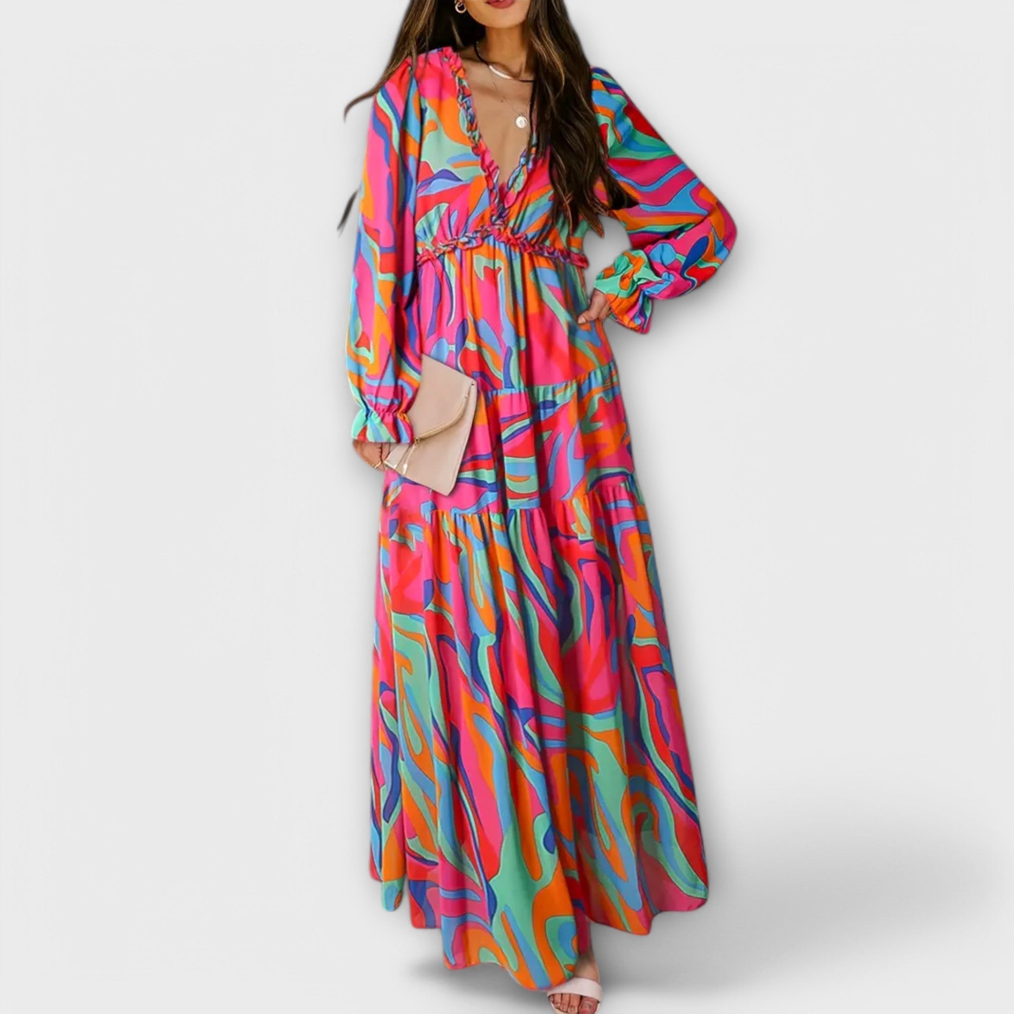 Women's pleated maxi dress with long sleeves and V-neck
