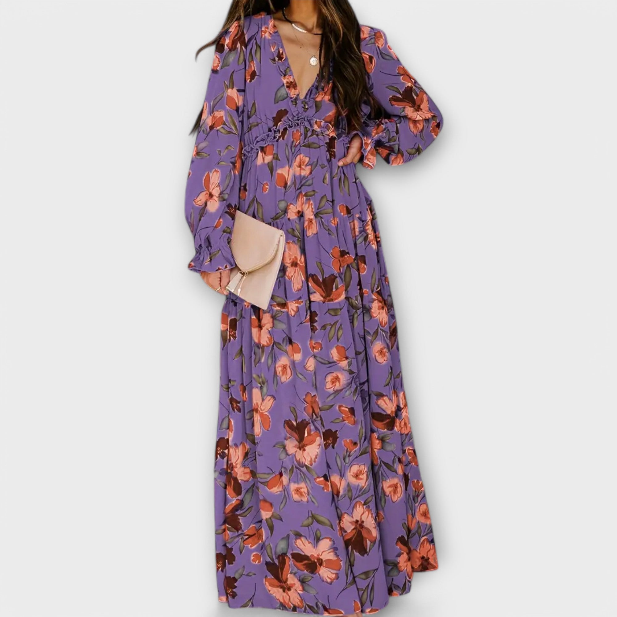 Women's pleated maxi dress with long sleeves and V-neck