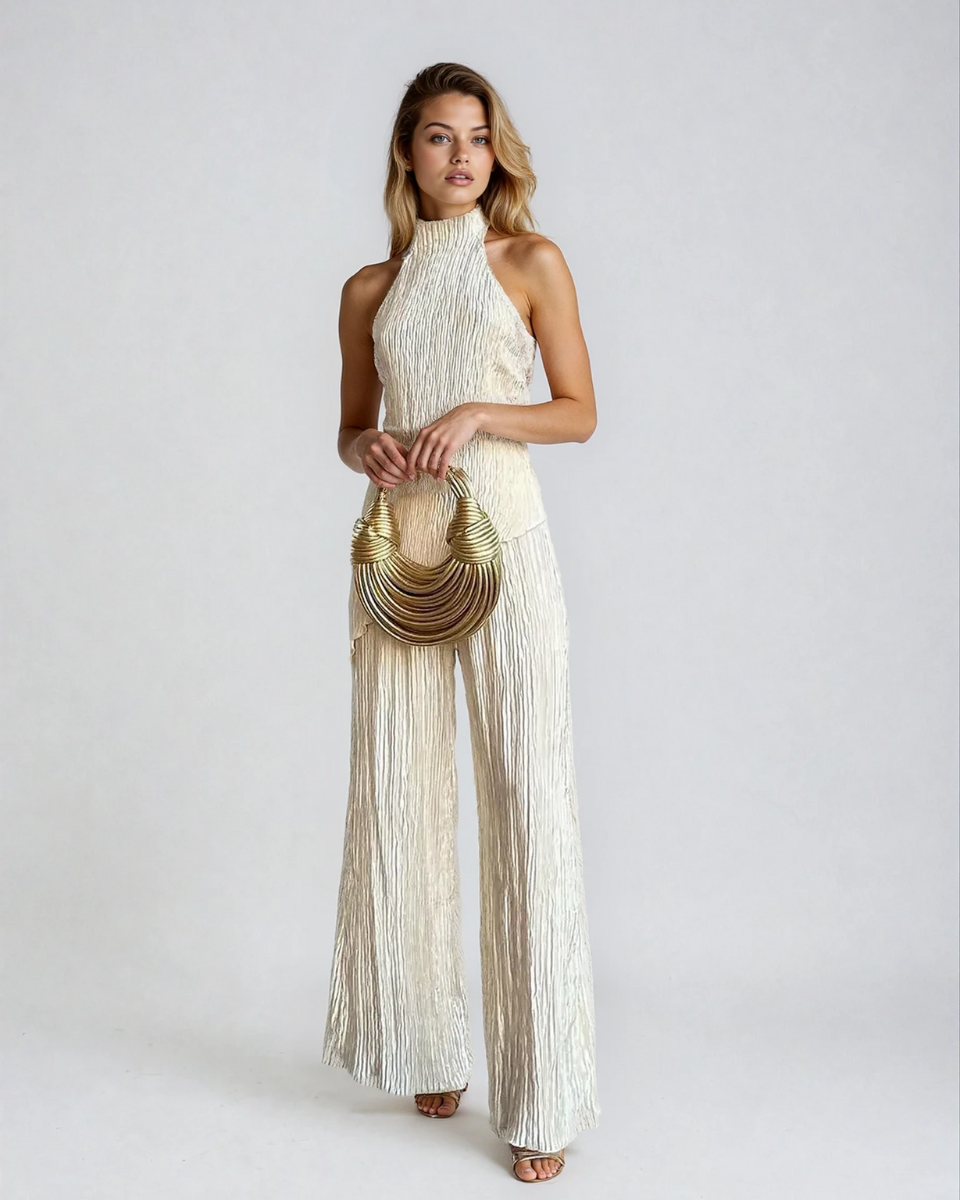 Women's pleated two-piece set with wide-leg trousers