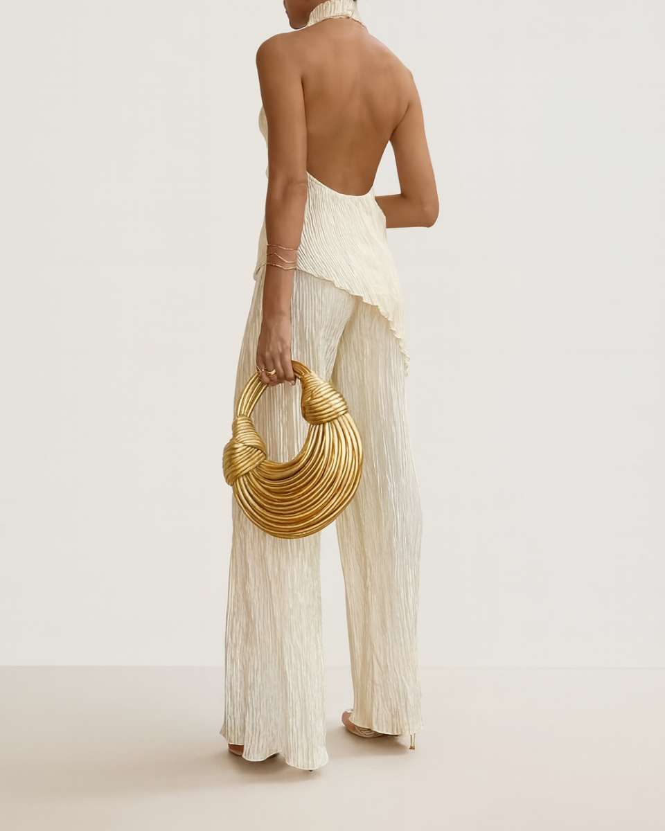 Women's pleated two-piece set with wide-leg trousers