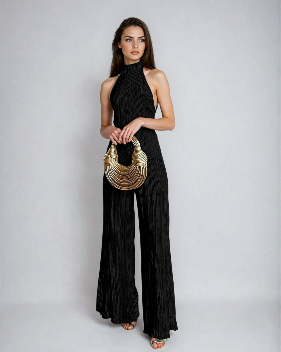 Women's pleated two-piece set with wide-leg trousers
