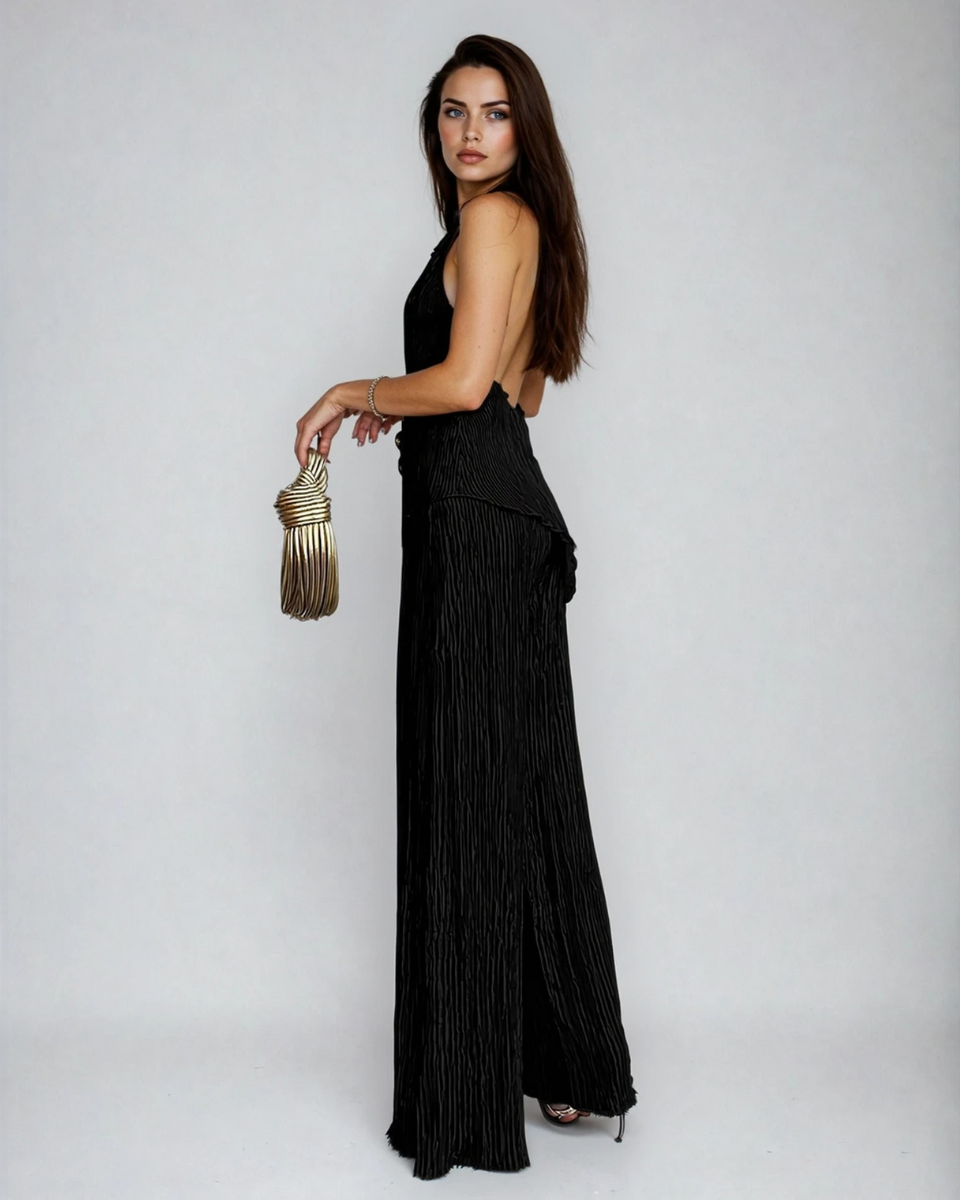 Women's pleated two-piece set with wide-leg trousers