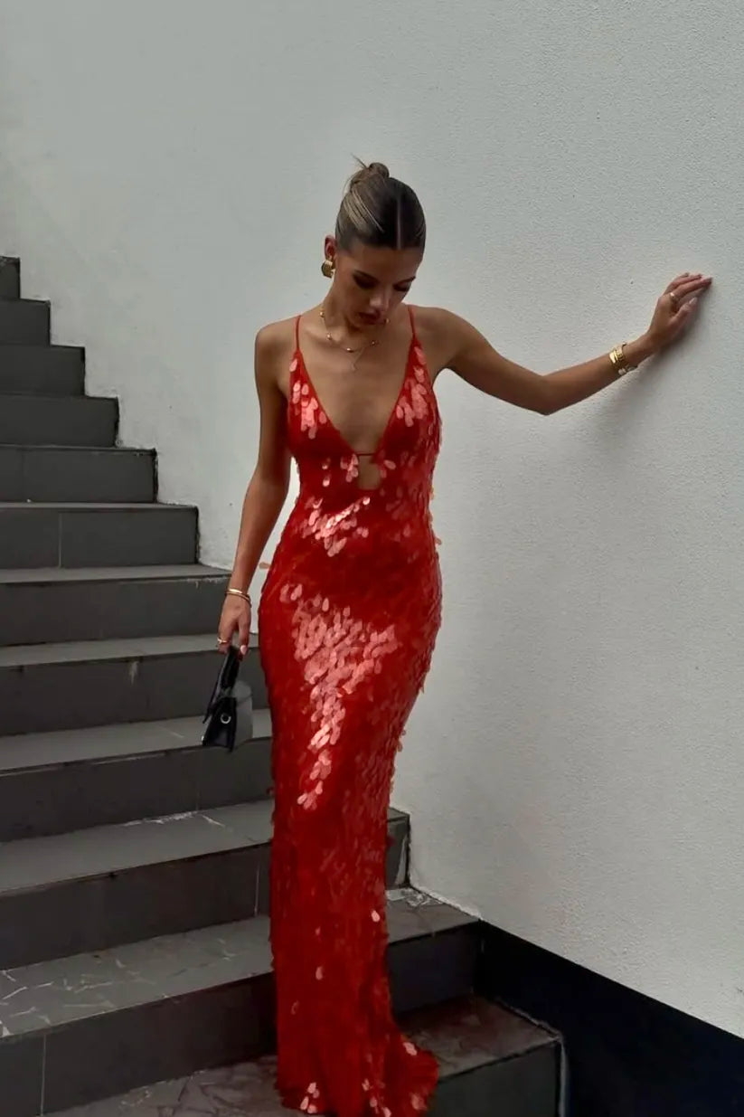 Women's open back sequin maxi cocktail dress