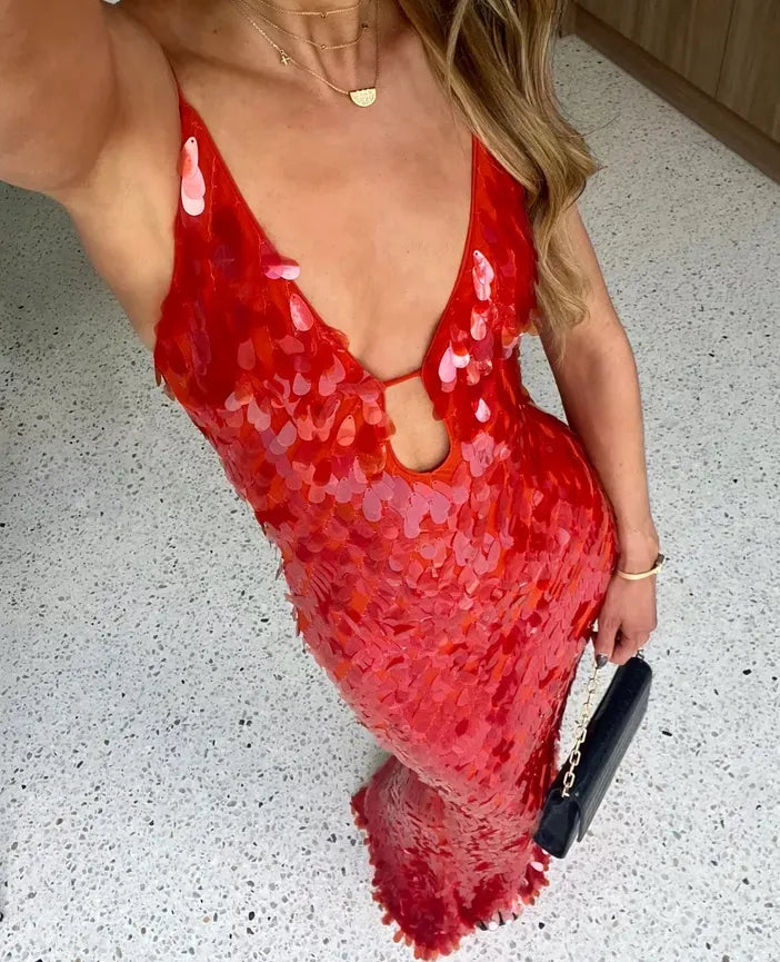 Women's open back sequin maxi cocktail dress