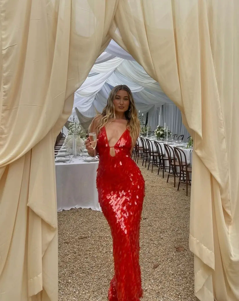 Women's open back sequin maxi cocktail dress