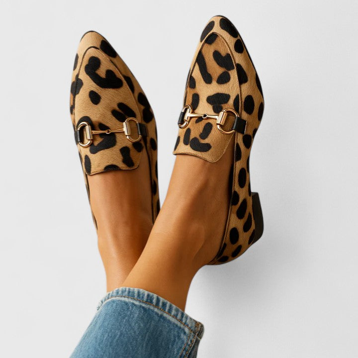 Women's leopard print loafers with gold horsebit detail