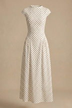 Women's polka dot maxi dress with high neck and cap sleeves