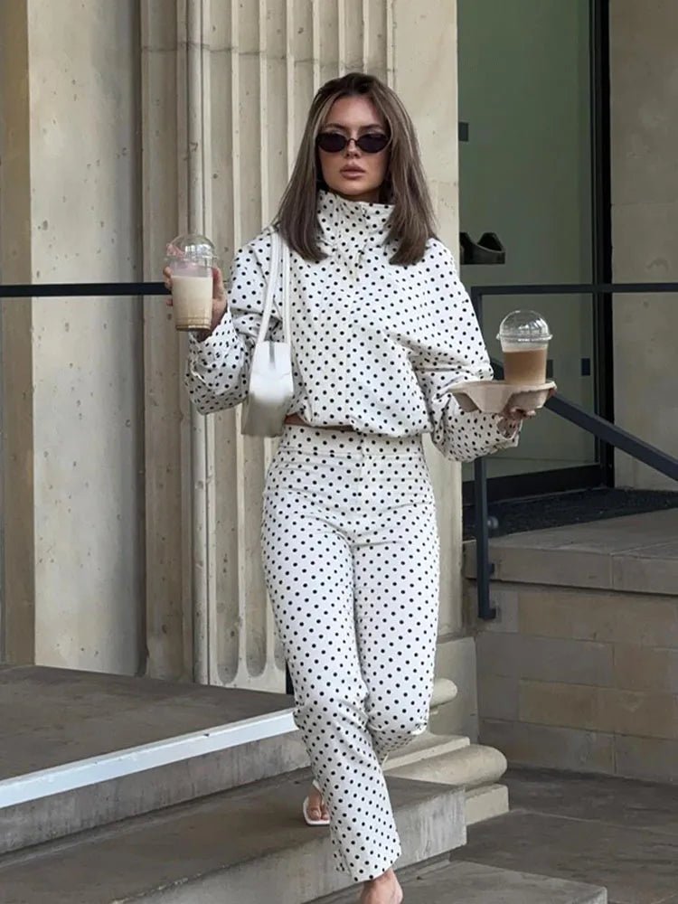 Women's polka dot turtleneck jacket with ruffle sleeves