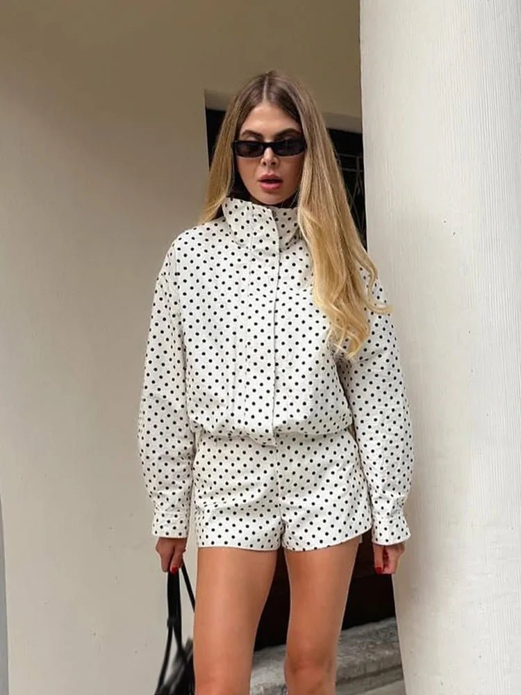 Women's polka dot turtleneck jacket with ruffle sleeves