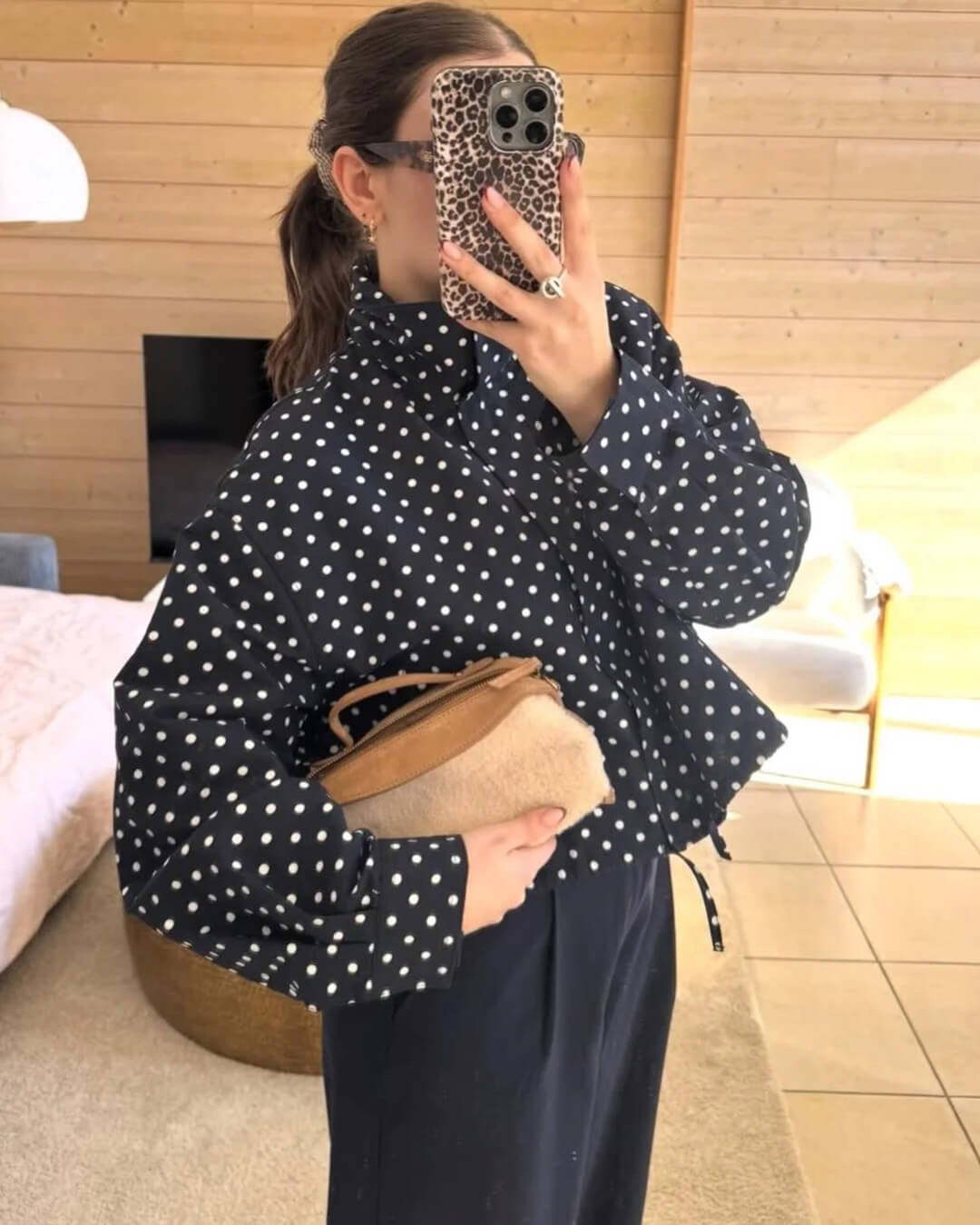 Women's polka dot turtleneck jacket with ruffle sleeves