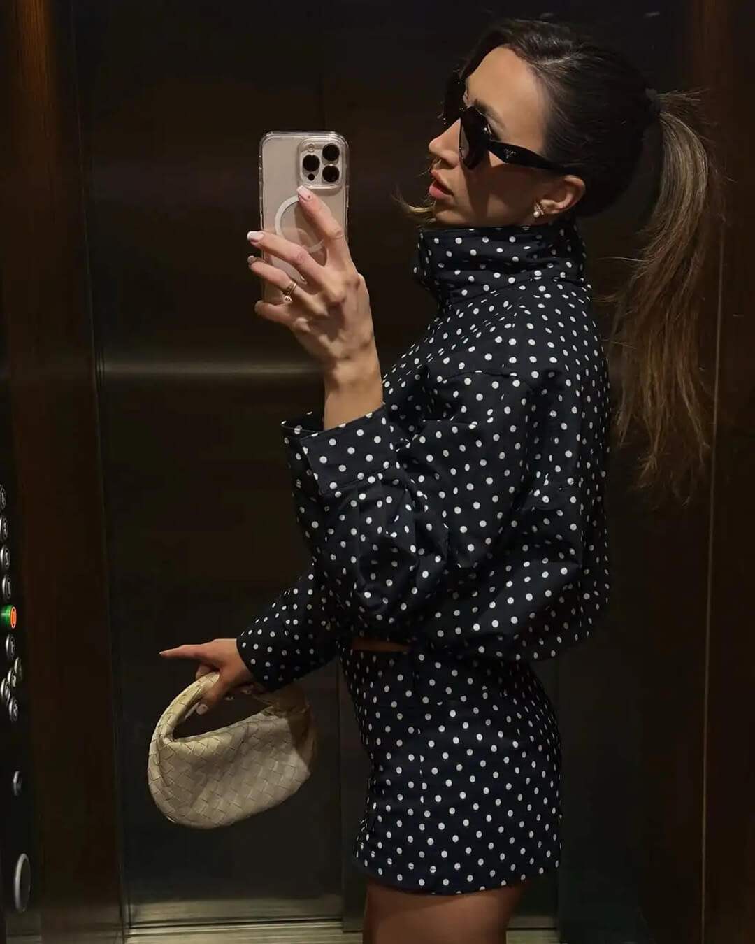 Women's polka dot turtleneck jacket with ruffle sleeves