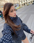 Women's polka dot turtleneck jacket with ruffle sleeves