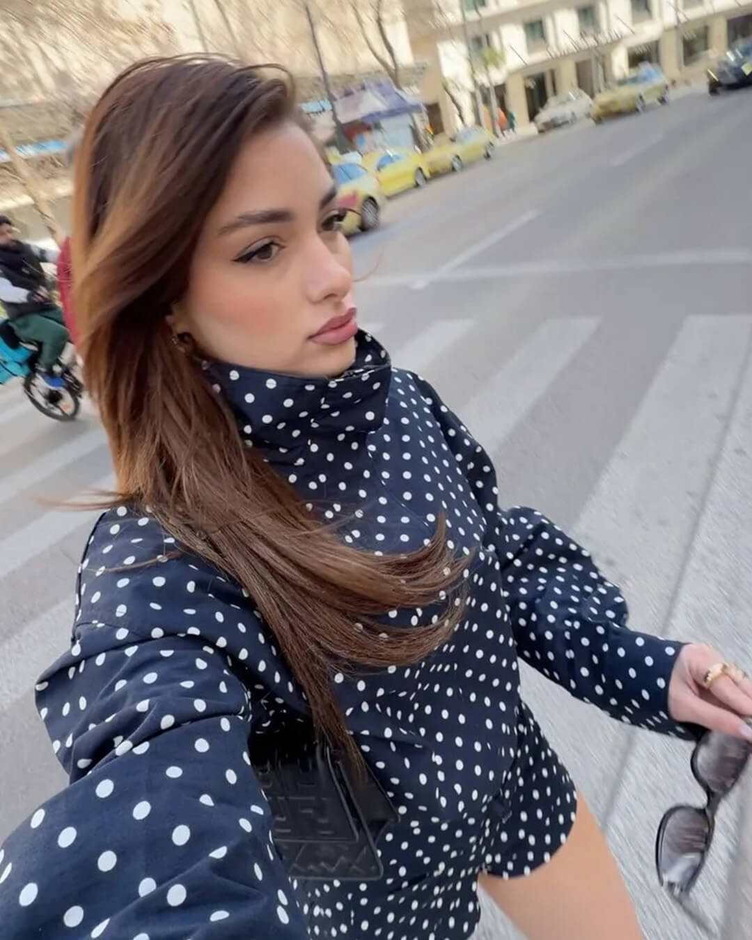 Women's polka dot turtleneck jacket with ruffle sleeves