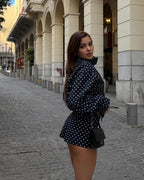 Women's polka dot turtleneck jacket with ruffle sleeves