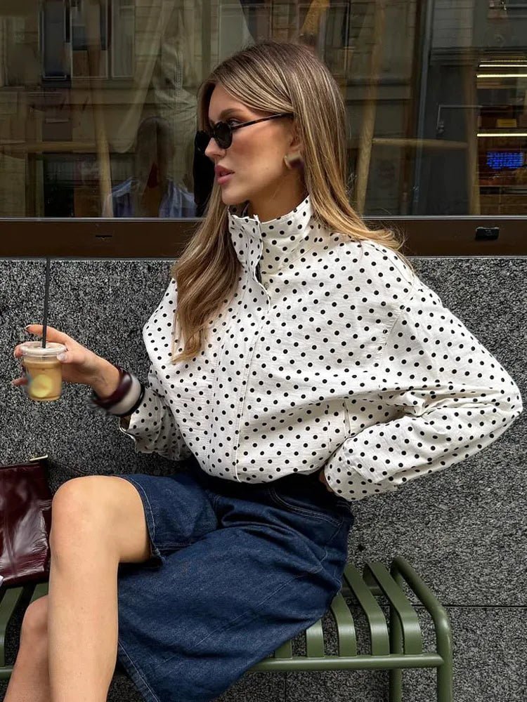 Women's polka dot turtleneck jacket with ruffle sleeves
