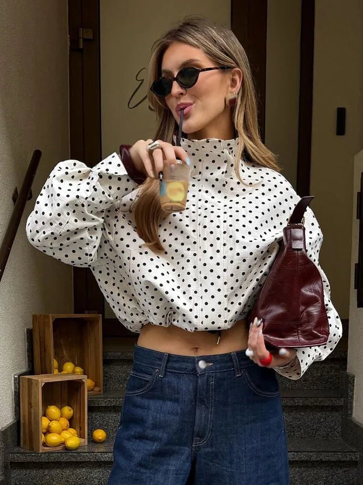 Women's polka dot turtleneck jacket with ruffle sleeves