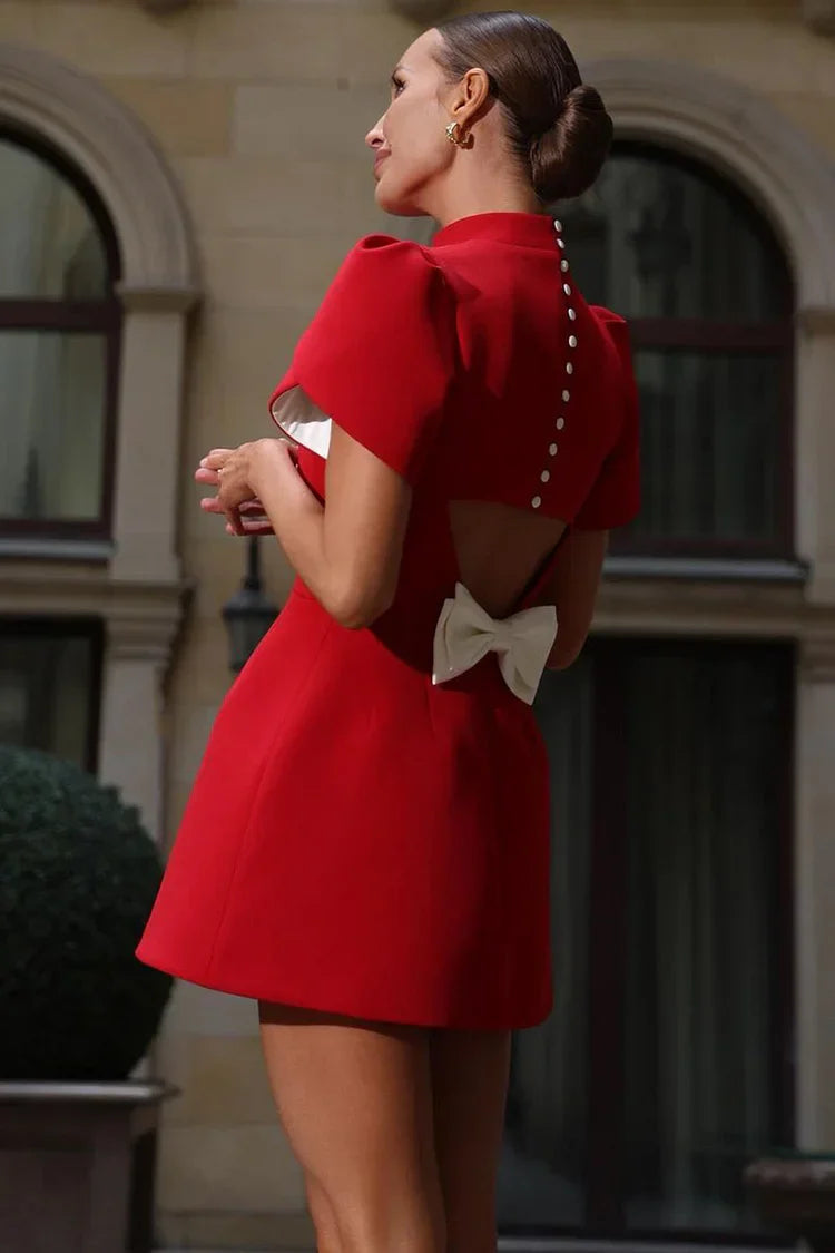 Women's puff sleeve mini cocktail dress with mock neck