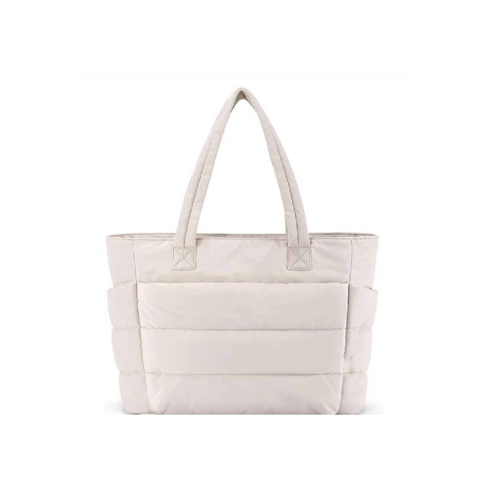 Women's quilted puffer tote bag with padded handles