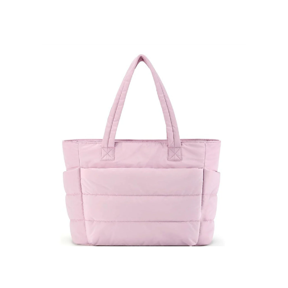 Women's quilted puffer tote bag with padded handles