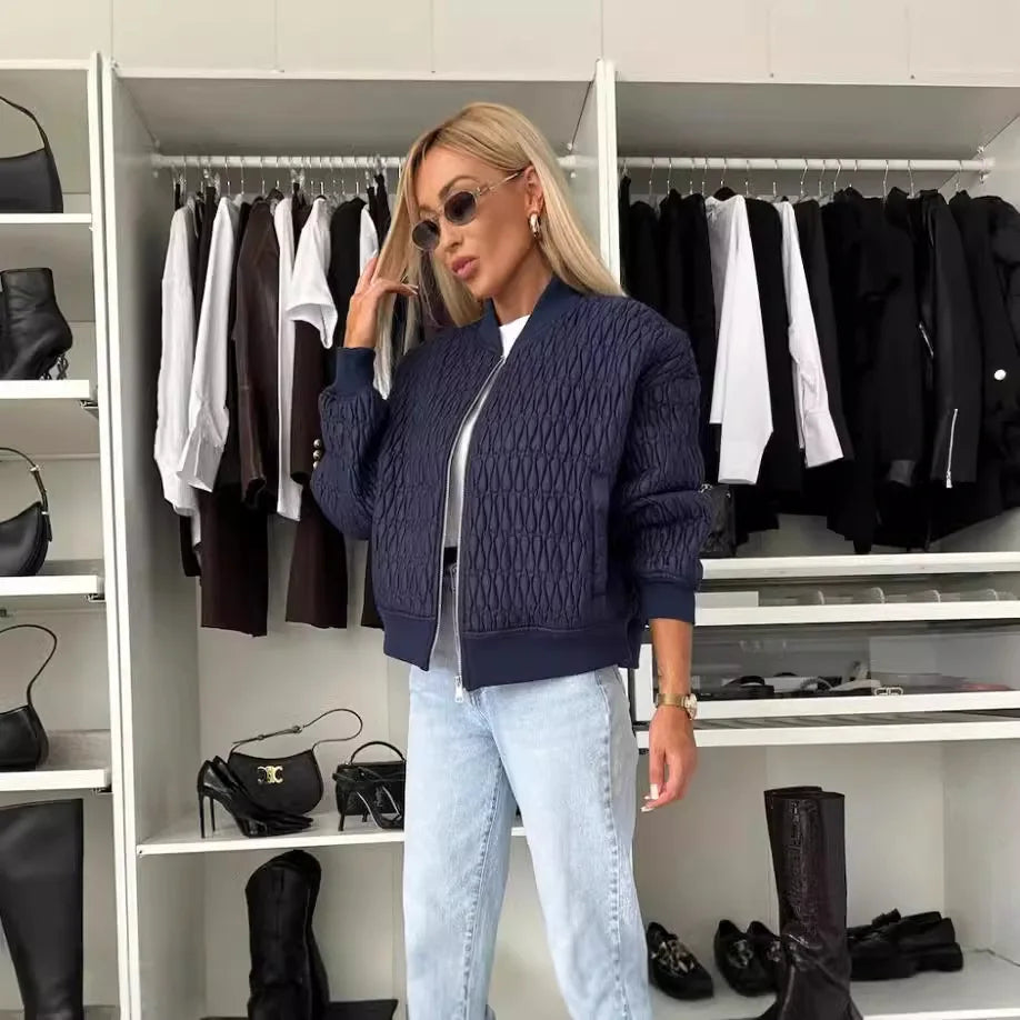Women's quilted zip-front bomber jacket with long sleeves