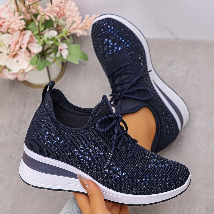 Women's rhinestone embellished lace-up wedge sneakers