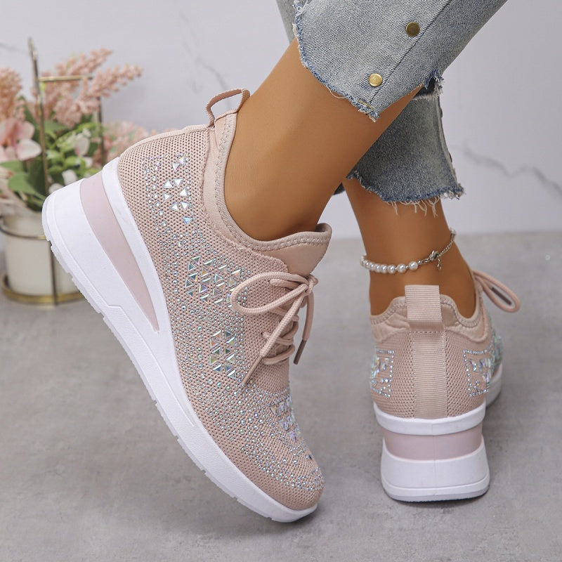Women's rhinestone embellished lace-up wedge sneakers