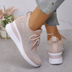 Women's rhinestone embellished lace-up wedge sneakers