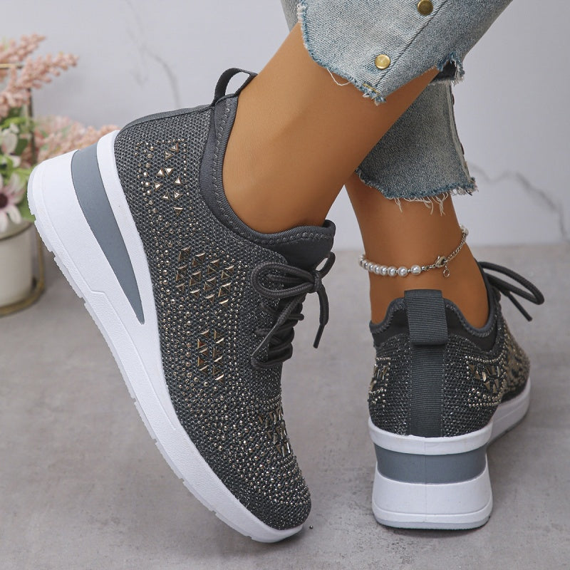 Women's rhinestone embellished lace-up wedge sneakers