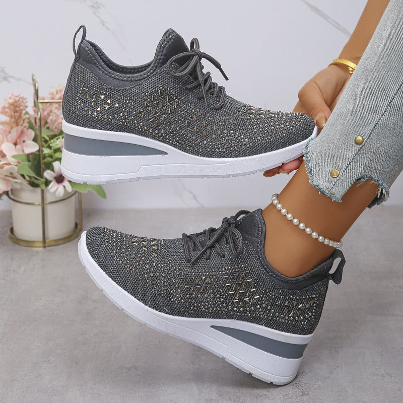 Women's rhinestone embellished lace-up wedge sneakers