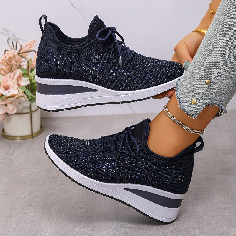 Women's rhinestone embellished lace-up wedge sneakers