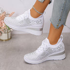 Women's rhinestone embellished lace-up wedge sneakers