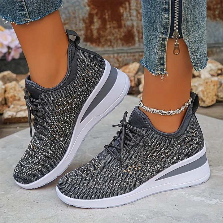 Women's rhinestone embellished lace-up wedge sneakers